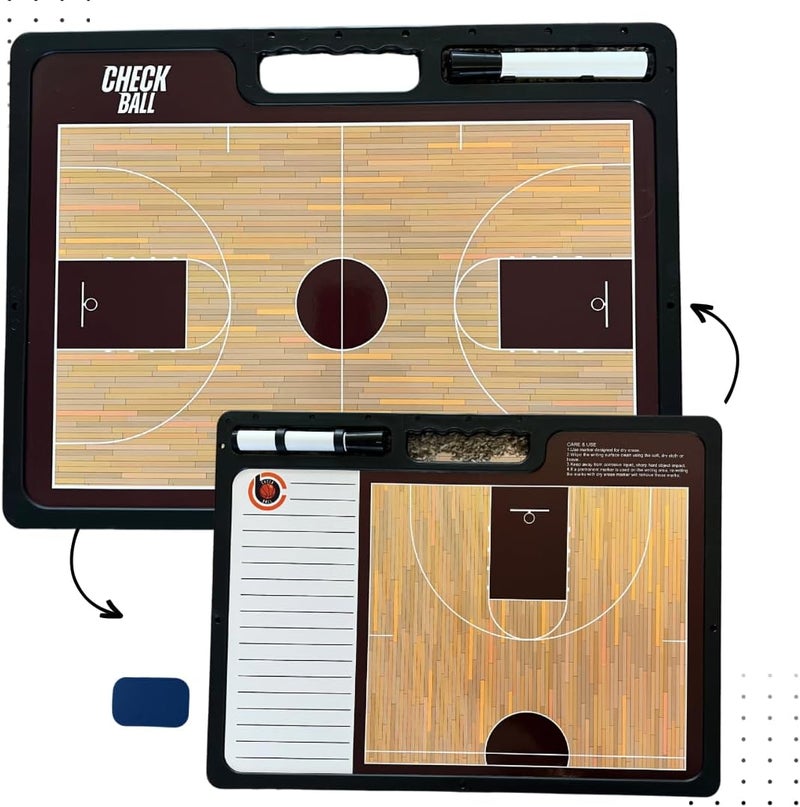 Check Ball Basketball Coaching Board | Double-Sided Premium Dry Erase Clipboard with Full & Half Court (16.5 X 12.5) & Pocket Size Eraser - Image 1